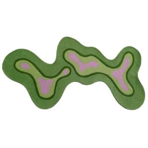 Irregular cloud-shaped green and purple runner rug made from hand-tufted New Zealand wool
