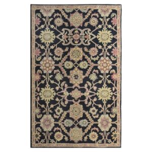Black Persian-style hand-tufted wool rug with floral motifs