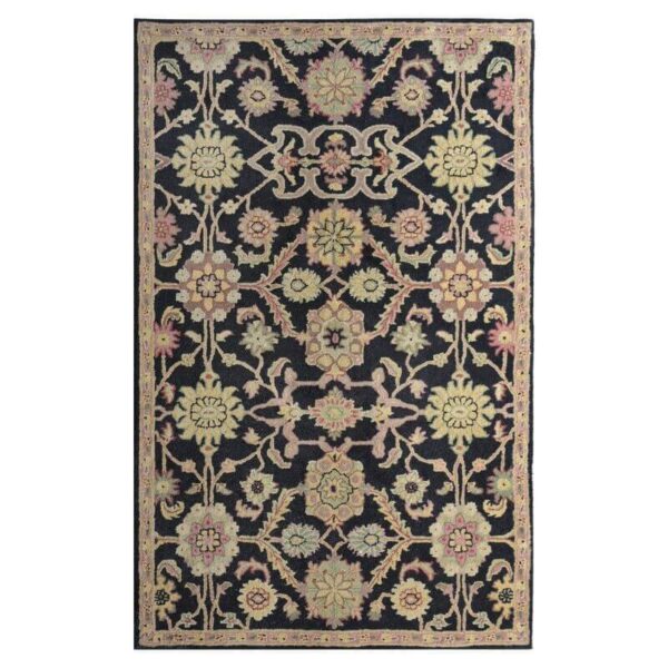 Black Persian-style hand-tufted wool rug with floral motifs