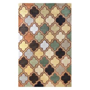 Beige and multicolor Moroccan lattice wool rug with interlocking ogee pattern