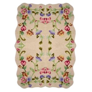 Scalloped edge cream wool rug with floral design - hand-tufted