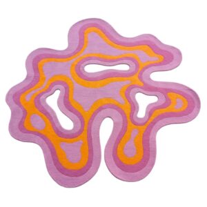 TropiSwirl Blush Edition hand-tufted wool rug in pink, lavender, and peach with wavy abstract shapes