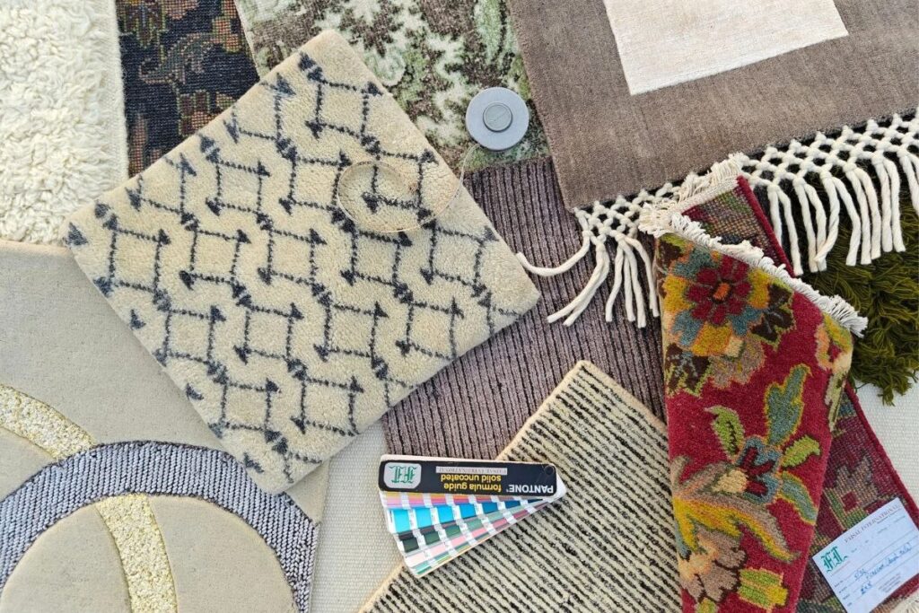 Custom handmade rug swatches with color reference for design approval