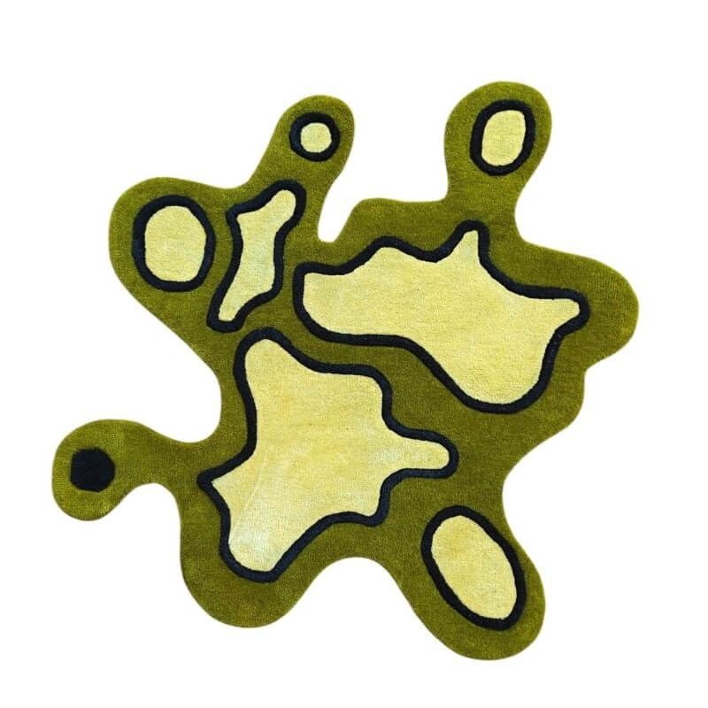 FiRugs Atoll Mehndi sage and olive green luxury hand-tufted rug featuring an uneven free-form island cluster shape with a shimmering silk-like Tencel core in the center, handcrafted in Varanasi, India from premium New Zealand wool.