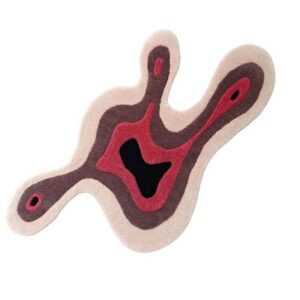 FiRugs Drift luxury hand-tufted rug featuring a free-form fluid asymmetrical shape with concentric topographic wavy layers in warm beige, earth brown, terracotta red, and a black core, crafted in Varanasi, India from 100 percent New Zealand wool.