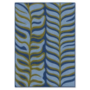 FiRugs Frond luxury hand-tufted rug in 100 percent New Zealand wool featuring a deep denim blue base with structured vertical abstract leaf columns in slate blue and olive green, crafted in Varanasi, India.