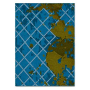 FiRugs Matrix modern hand-tufted rug in 100 percent New Zealand wool featuring a blue geometric diamond lattice overlaid with an abstract moss green organic pattern, crafted in Varanasi, India.
