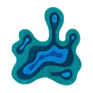 FiRugs Nereid luxury hand-tufted rug featuring an amorphous curvilinear liquid contour puddle shape with concentric teal, turquoise, and cerulean blue wavy layers, handcrafted in Varanasi, India from 100 percent New Zealand wool.