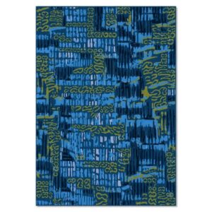 FiRugs Staccato luxury hand-tufted rug in 100 percent New Zealand wool featuring a deep navy blue background with vertical abstract lines and chartreuse lime geometric glyphs, crafted in Varanasi, India.