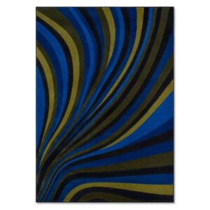 FiRugs Vortex modern hand-tufted rug in 100 percent New Zealand wool featuring a sweeping optical-art pattern of curving waves in deep royal blue, olive green, and black, crafted in Varanasi, India.