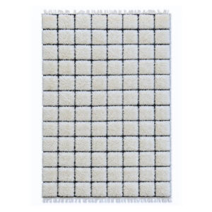 FiRugs Lattice Shag luxury high-pile area rug crafted from premium semi-worsted wool featuring a cream white plush grid pattern over a black wool flatweave base with braided fringe, hand-woven in Varanasi, India.